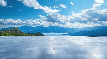 Empty square floor and mountain nature landscape under blue sky, A paving stone floor under a clear blue sky with fluffy clouds overhead.