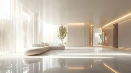 Modern Minimalist Interior Design with White Sofa and Large Windows - 3D Illustration