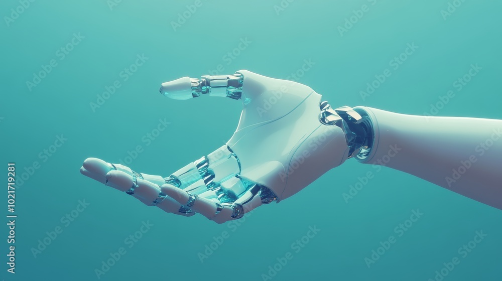 Aufkleber robotic hand reaching out on a soft blue gradient background generative ai