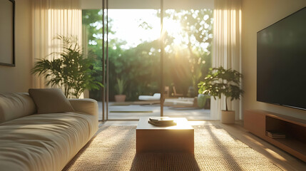 Modern Living Room Interior Design with Beige Sofa and Wooden Coffee Table - 3D Illustration