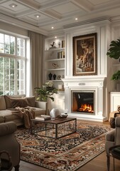 Fototapeta premium Luxury Living Room Interior Design with Classic Fireplace