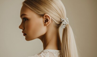 Fototapeta premium A woman with blonde hair and a flowery hair clip