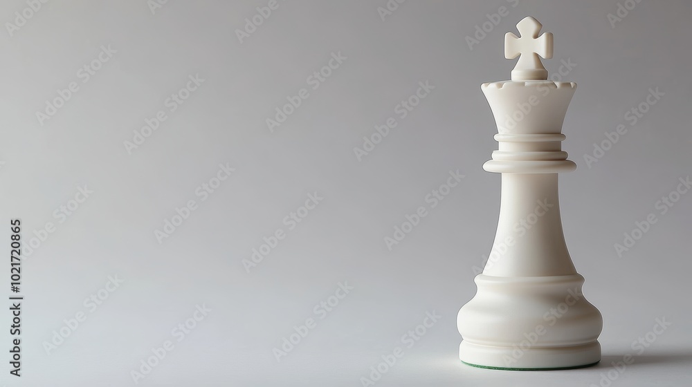 Poster a single chess king piece standing tall on a light grey background with space for copy around genera