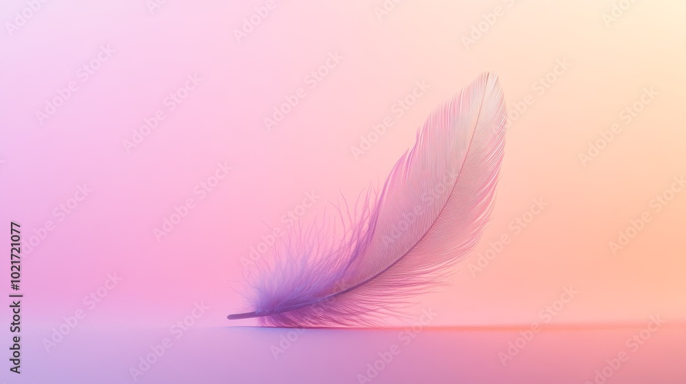 Poster soft pink background with a single feather, minimalist design concept generative ai