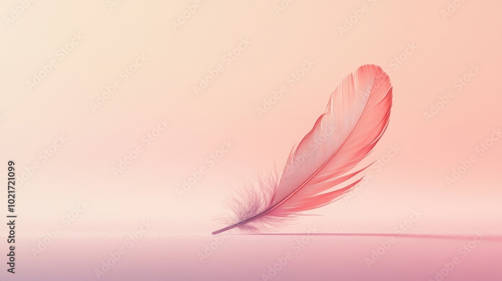 Poster soft pink background with a single feather, minimalist design concept generative ai