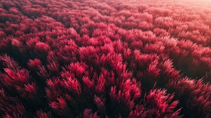   Aerial view of a field with red plants and blue sky in the background