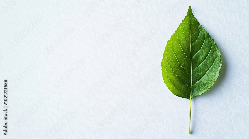 Poster green leaf on white background for text overlay, nature concept generative ai