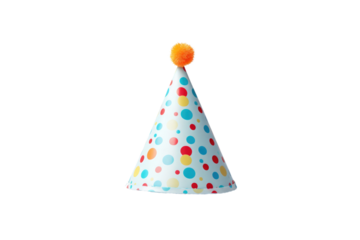 A birthday hat with colorful dots isolated on transparent background