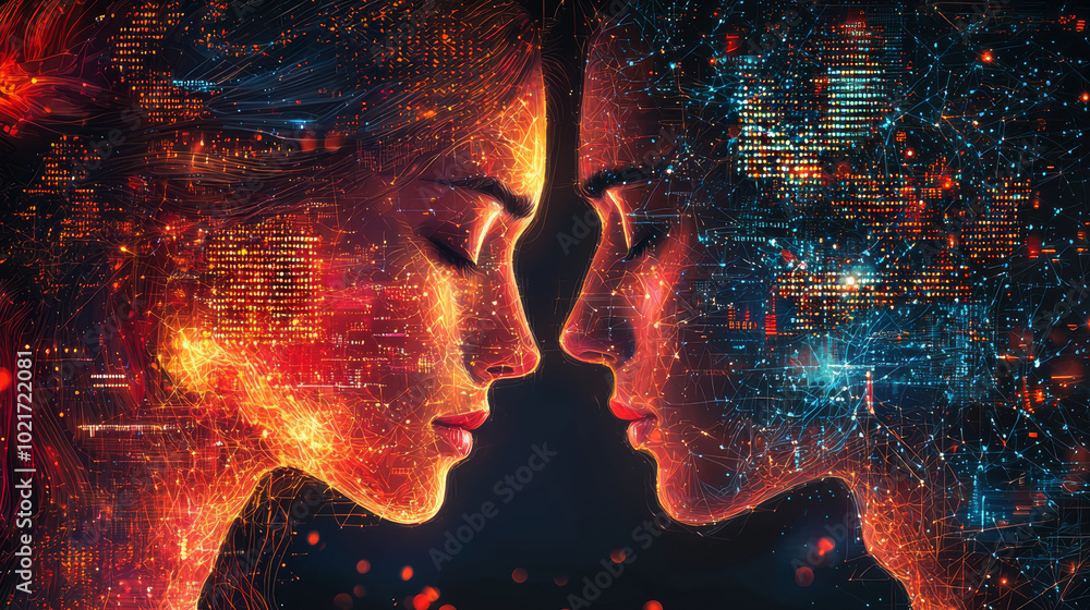 Poster two illuminated faces with digital elements, symbolizing connection and convergence of human and tec
