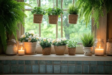 A windowsill decorated with potted plants, candles, and a tiled backsplash.