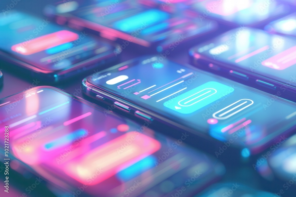 Aufkleber Multiple smartphones light up with colorful stories and engaging short videos in a contemporary tech environment after dark. Generative AI