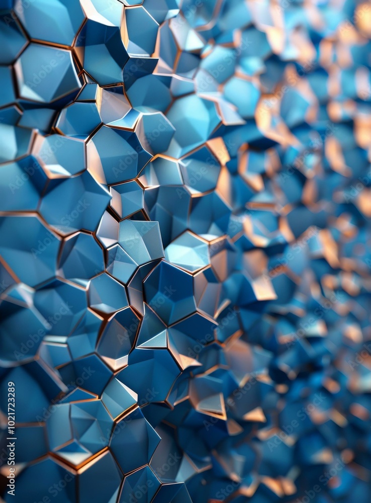 Poster Blue and gold 3D rendering of a geometric surface