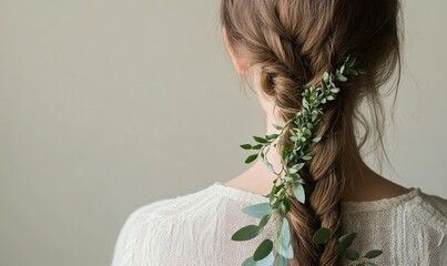 A woman with a braid has a leafy headband on her hair