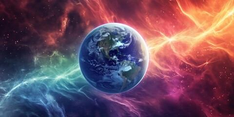 Naklejka premium Stunning illustration of Earth surrounded by a cosmic energy field with vibrant colors transitioning from cool blues to fiery reds, creating a mesmerizing effect