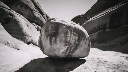 Black and white photo of large boulder in rocky desert landscape