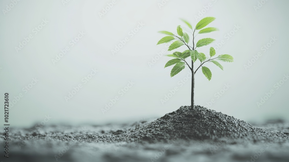 Poster tree growing from seedling on grey background, symbolizing growth and development generative ai