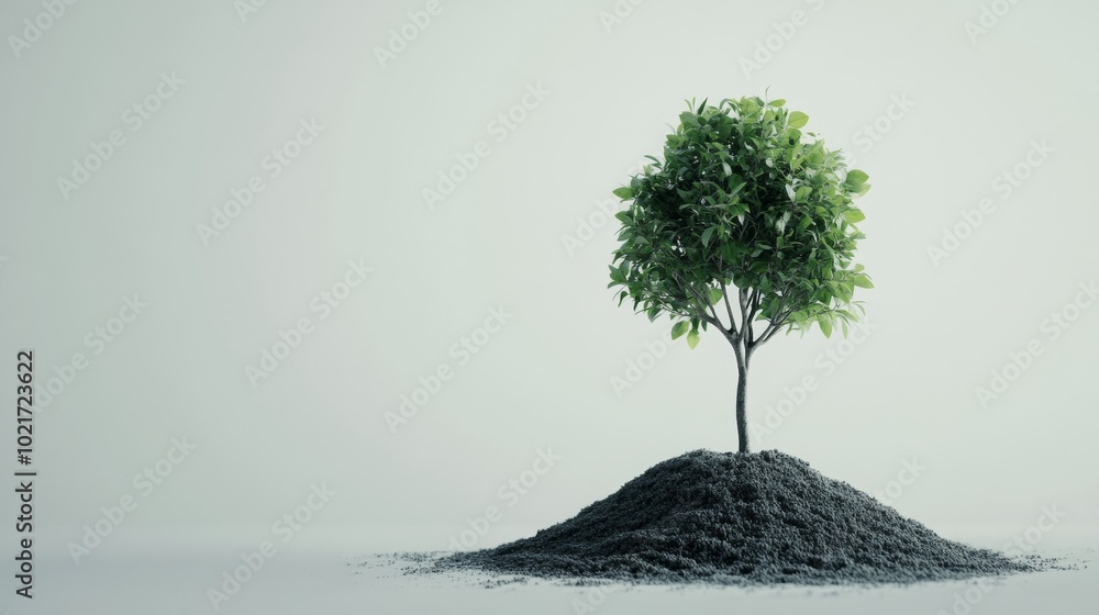 Poster tree growing from seedling on grey background, symbolizing growth and development generative ai