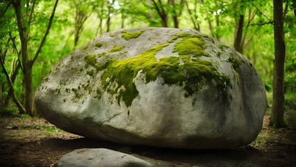 Obraz premium Large moss-covered boulder in a lush green forest with trees in background