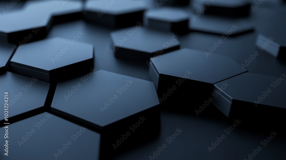 Poster abstract hexagon geometry background for simple primitives with six angles in front, dark lighting, 
