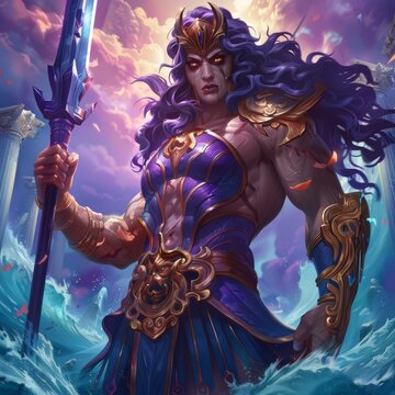 Ocean Goddess with Purple Hair and Trident