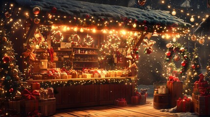 Fototapeta premium A traditional Christmas market stall selling handmade ornaments, wreaths, and holiday treats, with twinkling lights and festive decorations all around