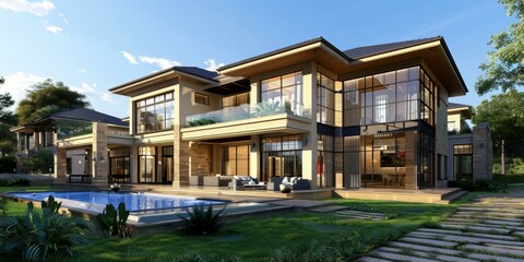 Fototapeta premium Modern Luxury House with Swimming Pool and Garden