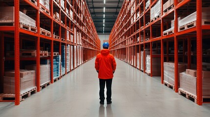 Obraz premium A worker in a bright orange jacket stands in a vast warehouse aisle, surrounded by neatly stacked shelves and products.