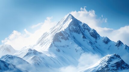 A snowy mountain peak reflecting sunlight, surrounded by a pristine blue sky