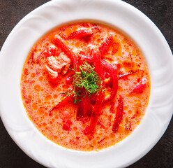 Homemade red beetroot soup. Traditional Ukrainian borscht with sour cream
