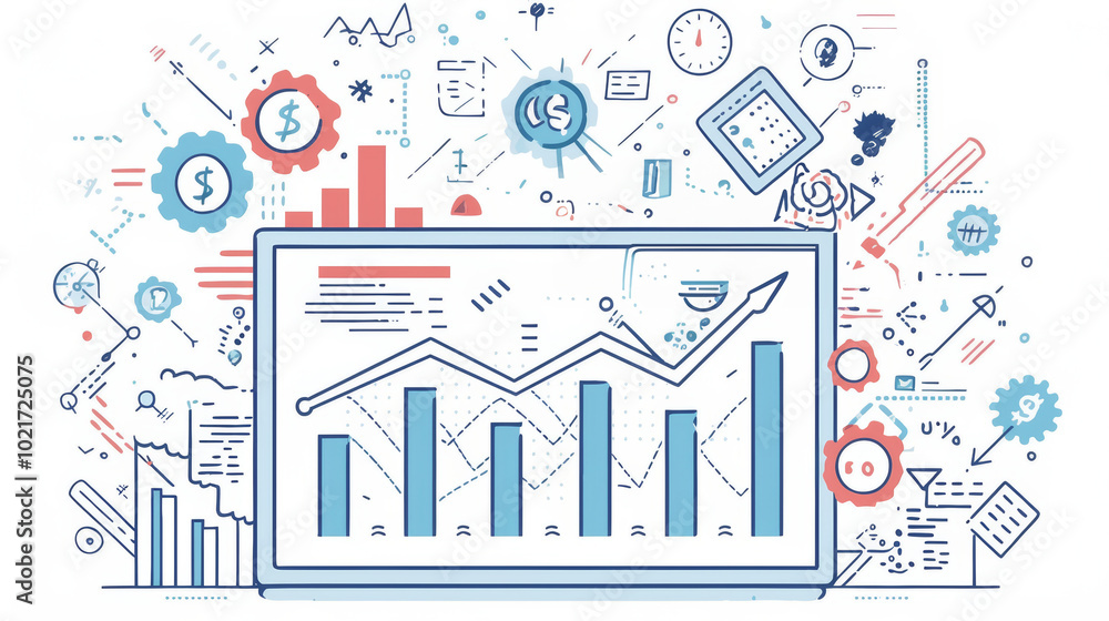Poster a digital analytics chart is featured, displaying upward-trending bars amidst a network of surroundi