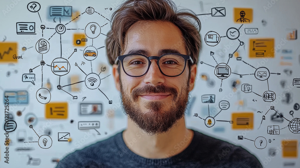 Poster a smiling man with glasses stands before a digital interface of icons and symbols, representing the 