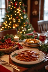 Fototapeta premium Holiday feast featuring festive pancakes and fruit, beautifully arranged in a cozy dining room with a Christmas tree