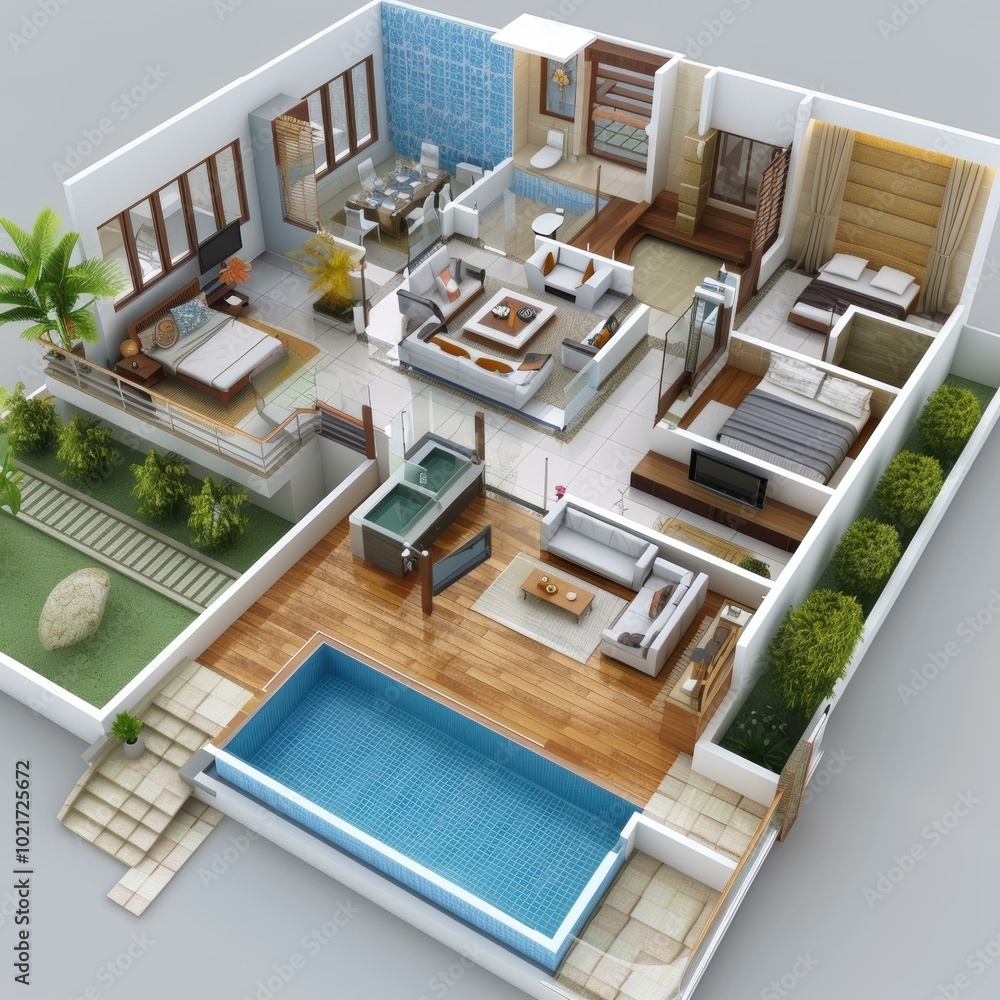 Wall mural Modern House Floor Plan with Swimming Pool