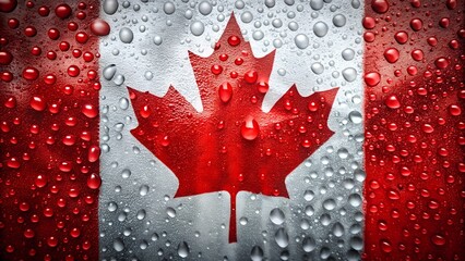 Close-Up of Canadian Flag Covered in Raindrops - Wet Background Image