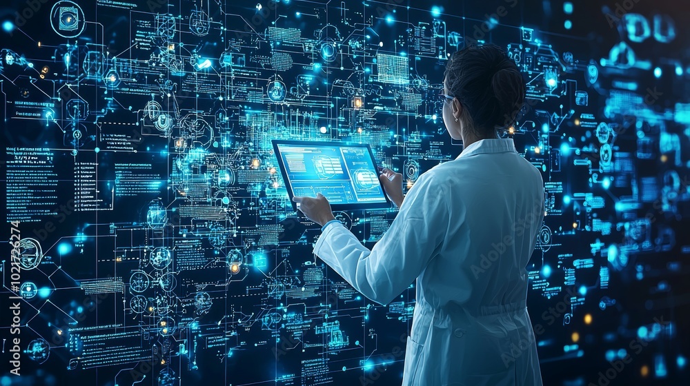 Poster a scientist in a lab coat interacts with cutting-edge digital screens analyzing complex data, symbol