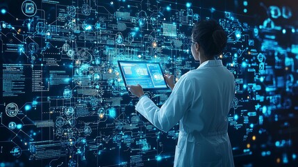 A scientist in a lab coat interacts with cutting-edge digital screens analyzing complex data, symbolizing advanced scientific research and innovation.