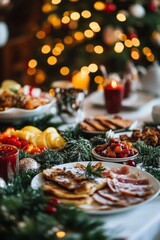 A festive holiday table adorned with delicious food and twinkling lights in a cozy setting