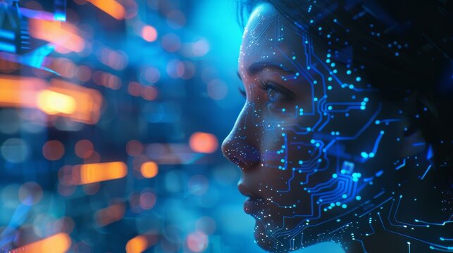portrait of a young woman's face with technology circuit pattern overlay