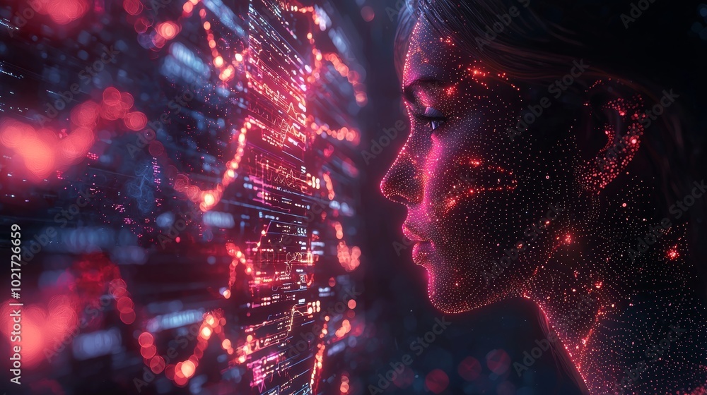 Poster a futuristic face illuminated by glowing digital lines, symbolizing technology, artificial intellige