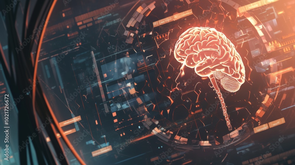 Poster a glowing digital brain floats within a high-tech, holographic interface, illustrating concepts of a