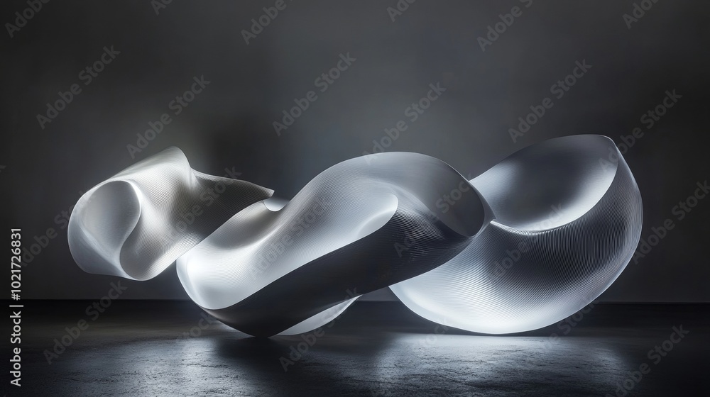 Aufkleber floating shapes illuminated by soft neon white light on dark gray backdrop generative ai
