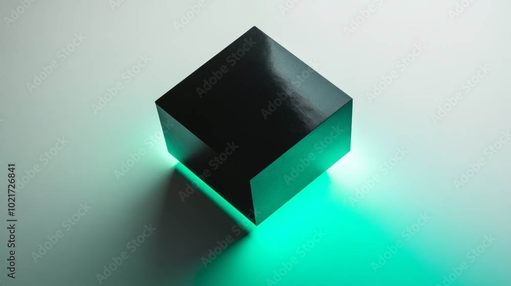 Poster neon green lit black object on white background from elevated angle generative ai