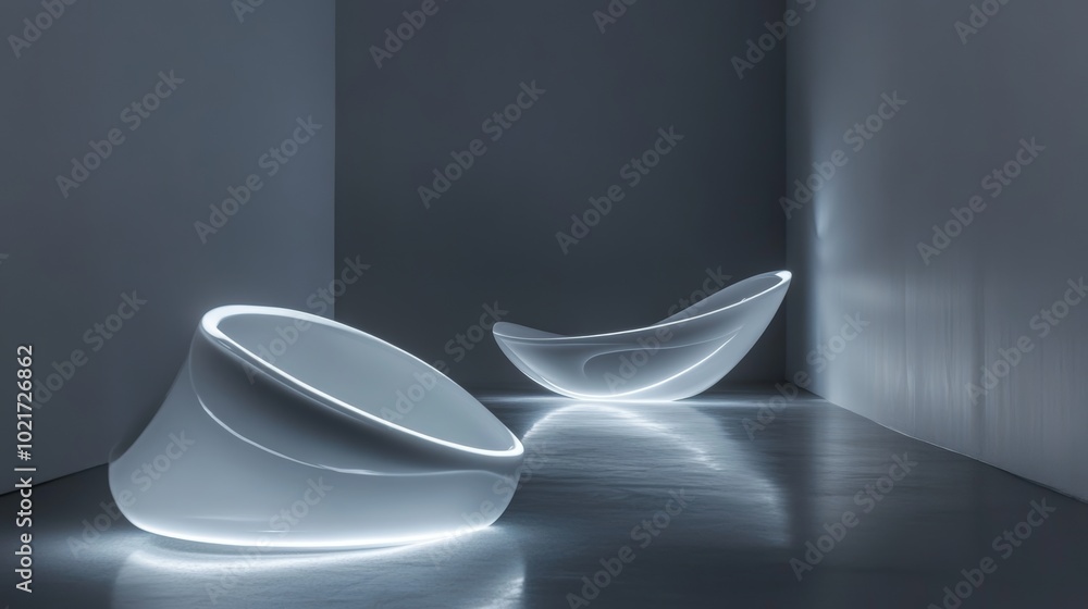 Poster floating shapes illuminated by soft neon white light on dark gray backdrop generative ai