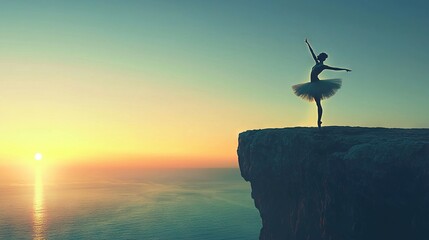 Fototapeta premium A ballet dancer, adorned in a tutu, gracefully poses atop a sea cliff during sunset