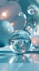 Blue and green glass ball with a reflection of the environment