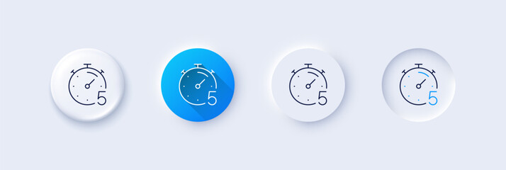 Timer 5 minutes line icon. Neumorphic, Blue gradient, 3d pin buttons. Stopwatch time sign. Countdown clock symbol. Line icons. Neumorphic buttons with outline signs. Vector