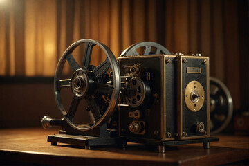 Obraz premium Vintage film projector in a nostalgic mood on a wooden table background