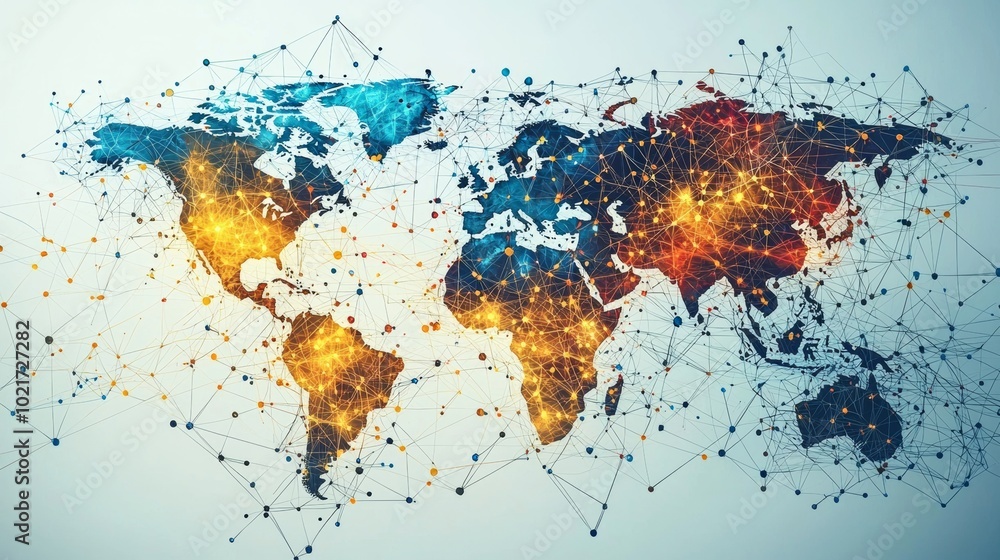 Poster an abstract world map highlighted by glowing geometric lines and nodes, symbolizing global connectiv