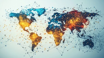 Fototapeta premium An abstract world map highlighted by glowing geometric lines and nodes, symbolizing global connectivity and digital communication across borders.