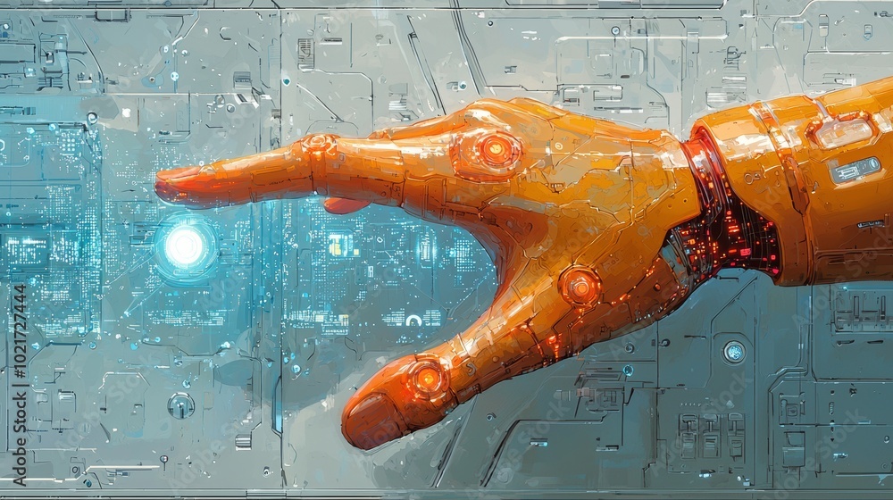 Poster an orange robotic hand extends forward, connecting with futuristic digital circuits illuminated on s